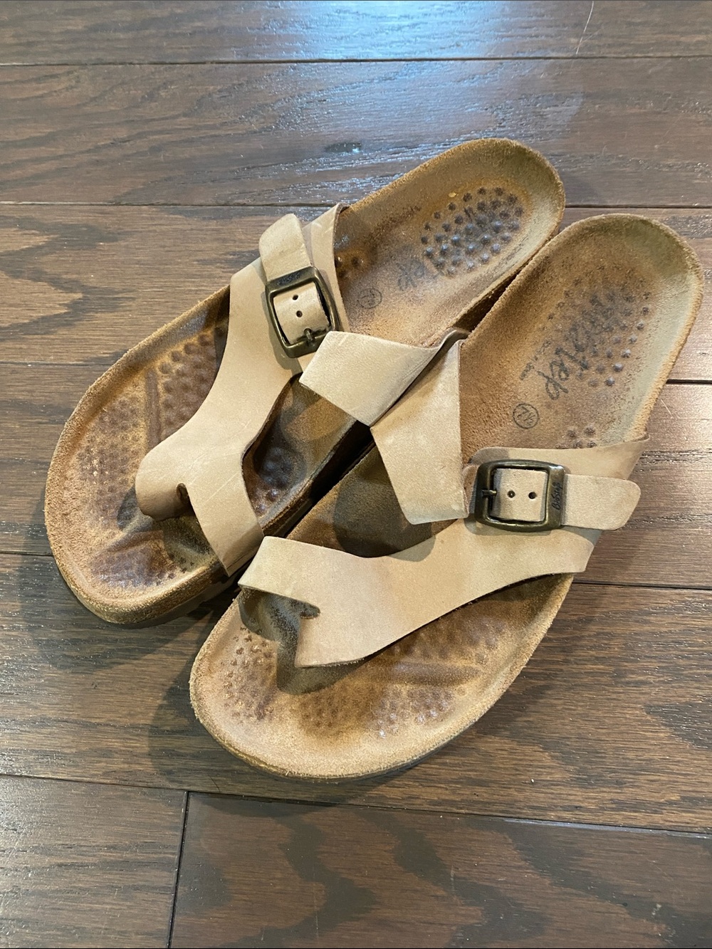 BioStep Women’s Tan Leather Cross-Strap Slides Sandals with Buckle